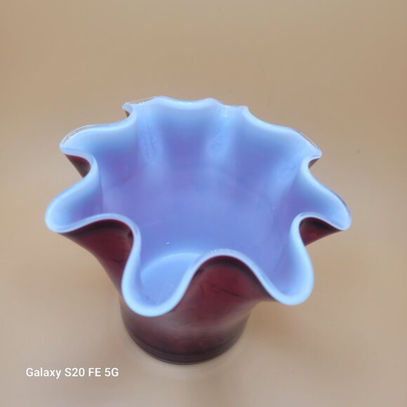 Vintage Ruffle Vase Red with Black Accents Cased White Interior Marble Look - Picture 2 of 10